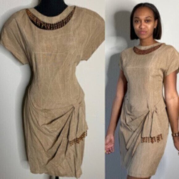Scarlett Rare 70s Vintage Tigh Length Faux Wrap Beaded Ruching Dress - Picture 5 of 14